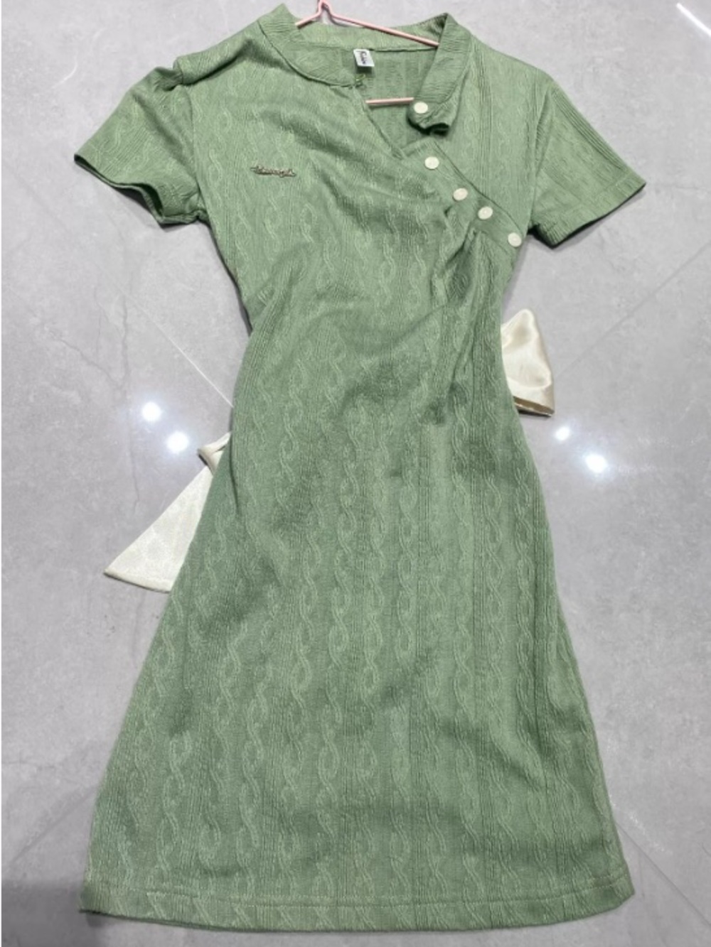 Green Short-Sleeve Knit Dress with Button Detail